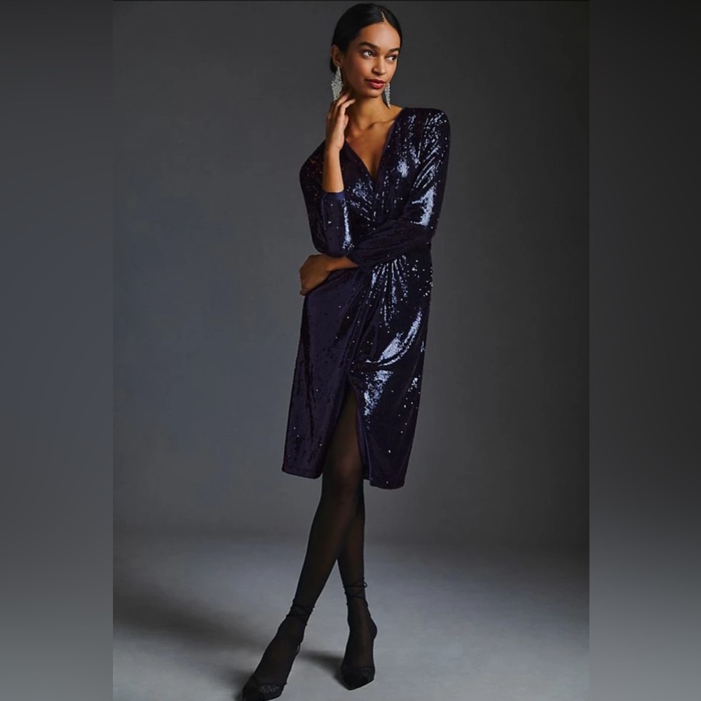 Anthropologie Twist Front Blue Sequin Midi Dress